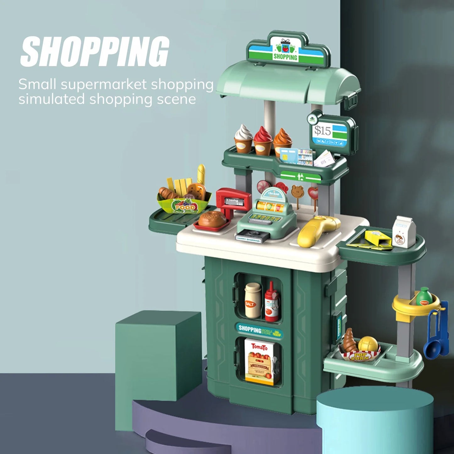 Play Supermarket Set for Kids, Kids Supermarket Set with Realistic Lights and Sounds, Simulation of Spray, 38Pcs Toy Kitchen Set for Toddlers Girls Boys Gift