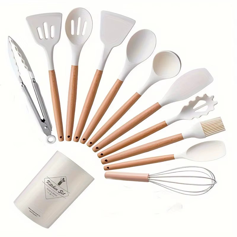 Professional Kitchen Silicone Utensil Set - 12 Piece Collection with Wooden Tools and Spatulas