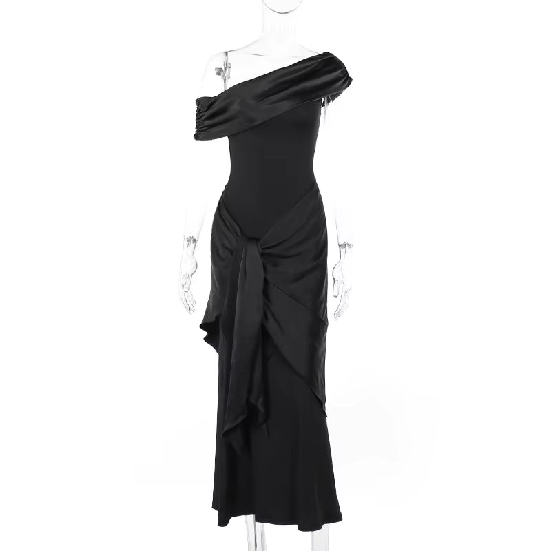 New Party Evening Dresses Elegant Black Slash Neck Maxi Dress for Women Fashion Short Sleeve Bodycon Banquet Vestidos Female