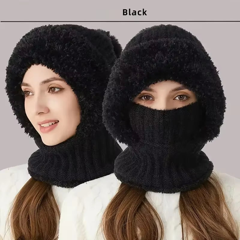 Balaclava Hat Ear Protection Fluffy Hat Mask Neck Integrated Warmth Cover Hat Lady Hooded Cap Women Winter Velvet Knitted