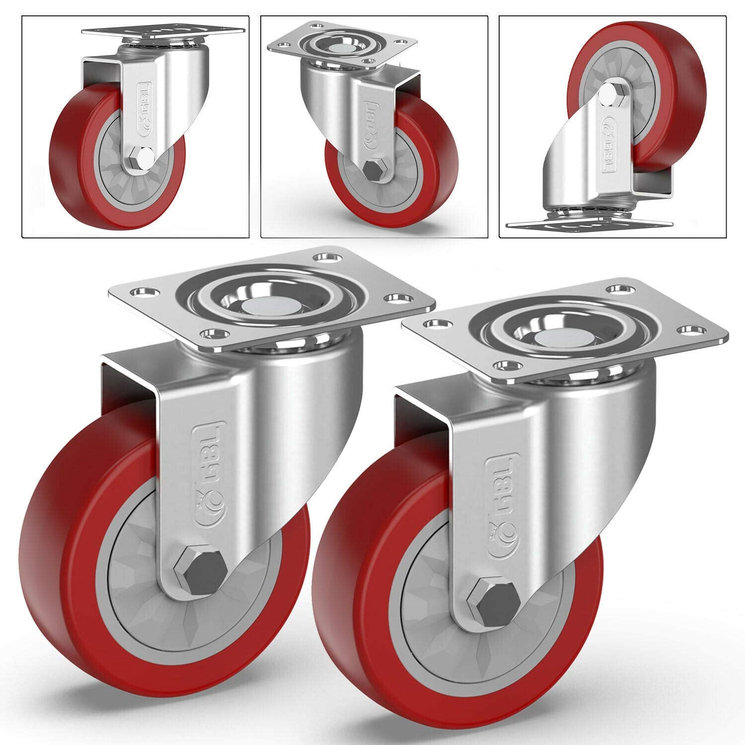4" Heavy Duty Caster Wheels without Brakes + Screws - up to 1320Lbs - Set of 4 No Floor Marks Silent Castor for Furniture - Rubbered Trolley or Pallet Swivel Wheels - Silver Casters
