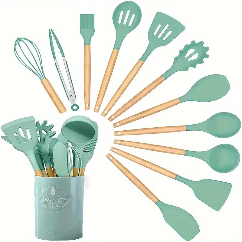 Professional Kitchen Silicone Utensil Set - 12 Piece Collection with Wooden Tools and Spatulas