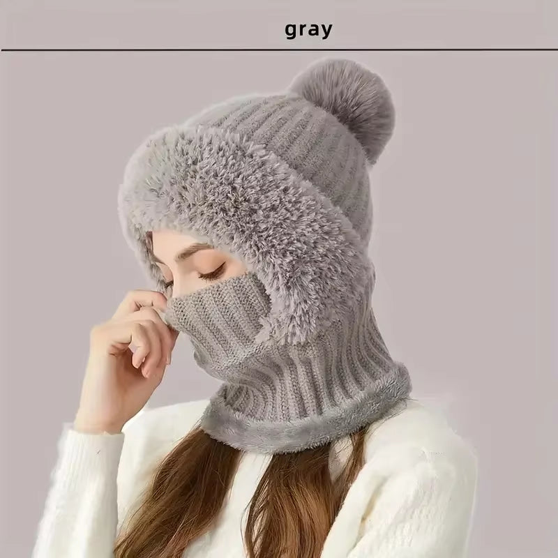 Balaclava Hat Ear Protection Fluffy Hat Mask Neck Integrated Warmth Cover Hat Lady Hooded Cap Women Winter Velvet Knitted