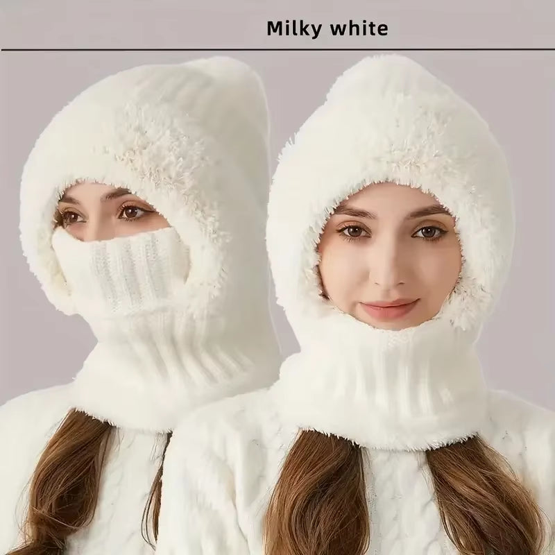 Balaclava Hat Ear Protection Fluffy Hat Mask Neck Integrated Warmth Cover Hat Lady Hooded Cap Women Winter Velvet Knitted