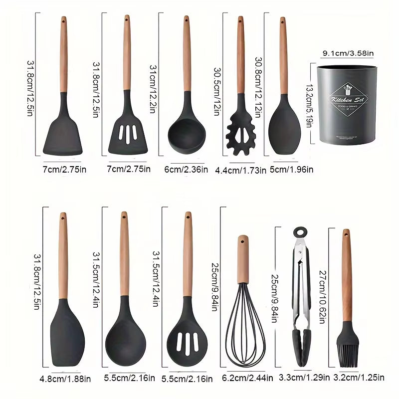 Professional Kitchen Silicone Utensil Set - 12 Piece Collection with Wooden Tools and Spatulas
