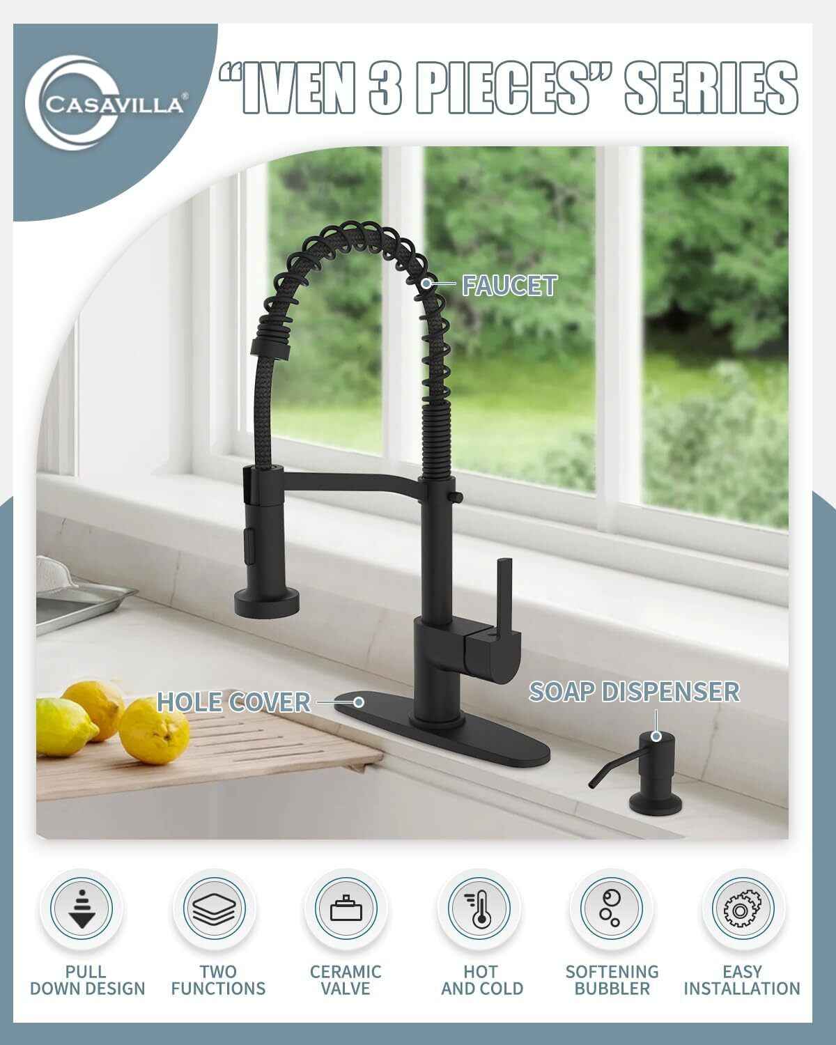 Black Kitchen Faucet Soap Dispenser, Faucet for Kitchen Sink, Kitchen Sink Fa...