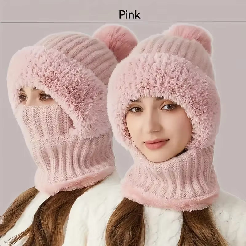 Balaclava Hat Ear Protection Fluffy Hat Mask Neck Integrated Warmth Cover Hat Lady Hooded Cap Women Winter Velvet Knitted