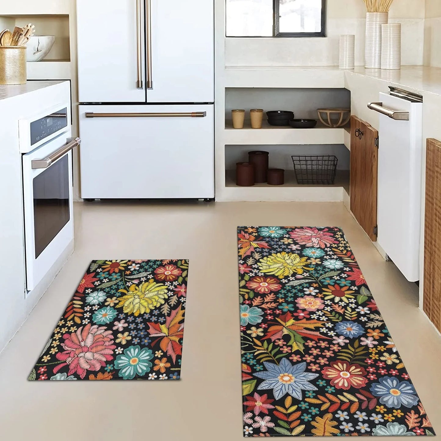 Boho Floral Kitchen Rug Mat Set of 2 Spring Colorful Flowers Kitchen Rugs Washable Non Slip Summer Kitchen Floor Mats