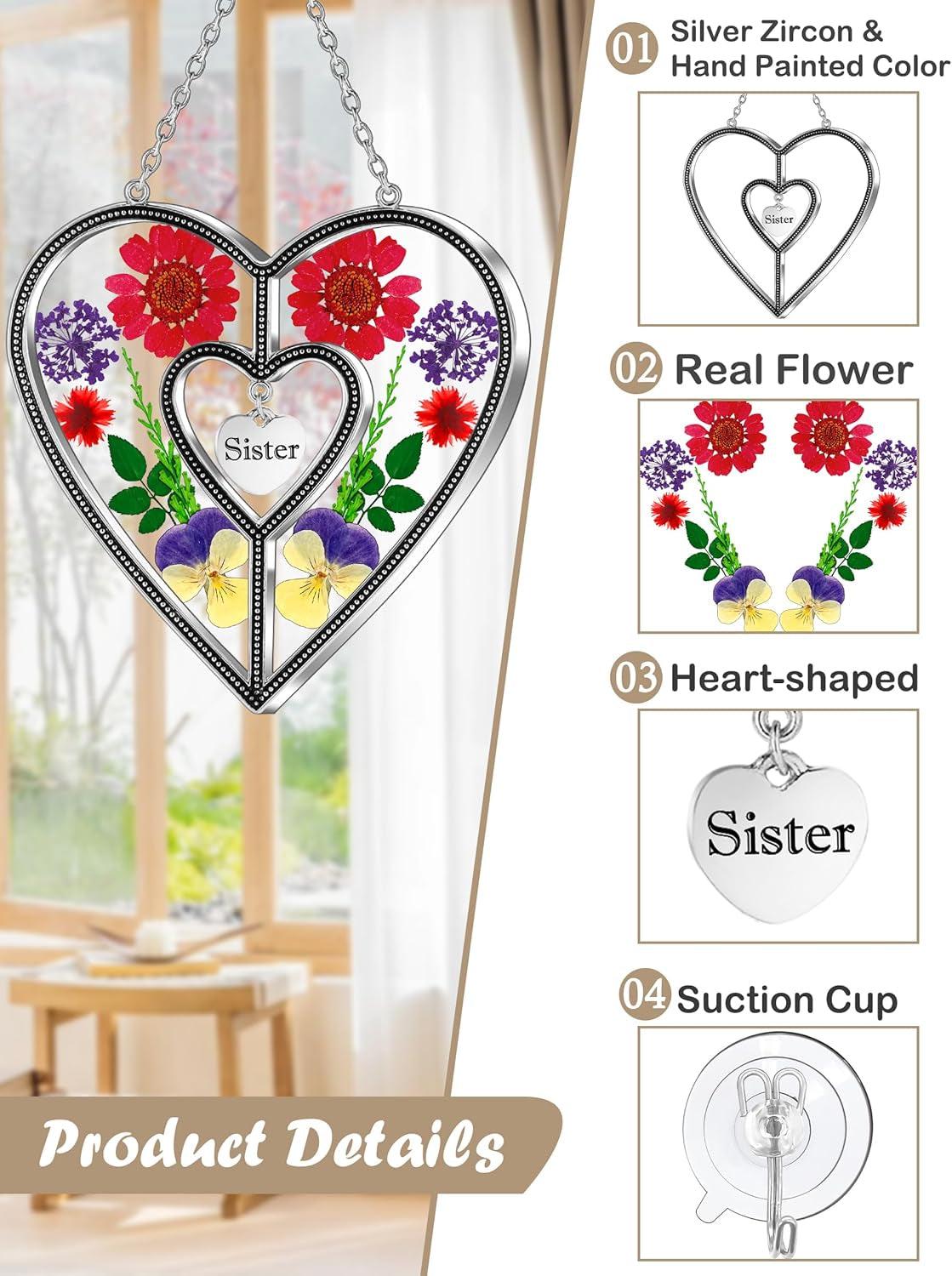Heart Suncatcher Sister Stained Glass Panels Hangings for Windows Sun Catchers with Pressed Real Flower Heart in Glass Birthday Gifts for Women Mothers Day Home Garden Christmas Ornament
