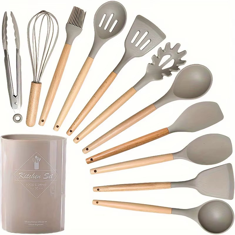 Professional Kitchen Silicone Utensil Set - 12 Piece Collection with Wooden Tools and Spatulas