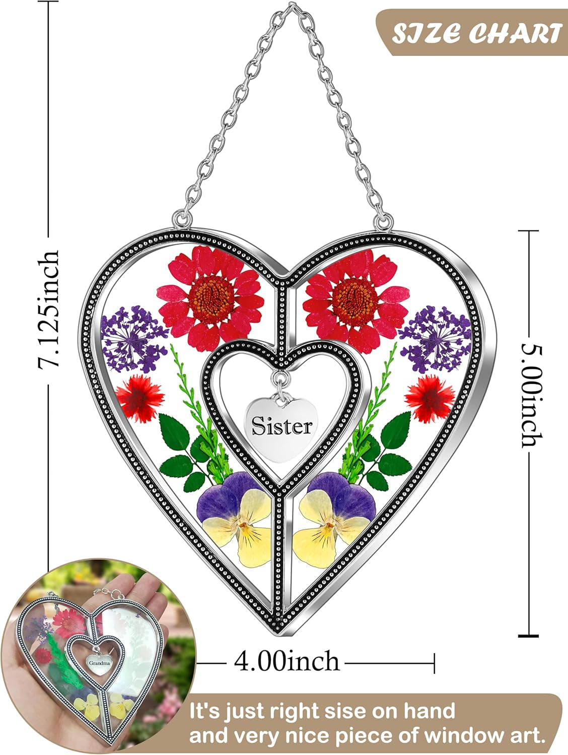 Heart Suncatcher Sister Stained Glass Panels Hangings for Windows Sun Catchers with Pressed Real Flower Heart in Glass Birthday Gifts for Women Mothers Day Home Garden Christmas Ornament