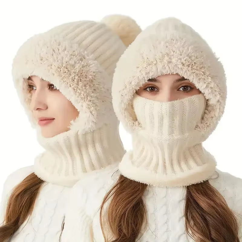 Balaclava Hat Ear Protection Fluffy Hat Mask Neck Integrated Warmth Cover Hat Lady Hooded Cap Women Winter Velvet Knitted