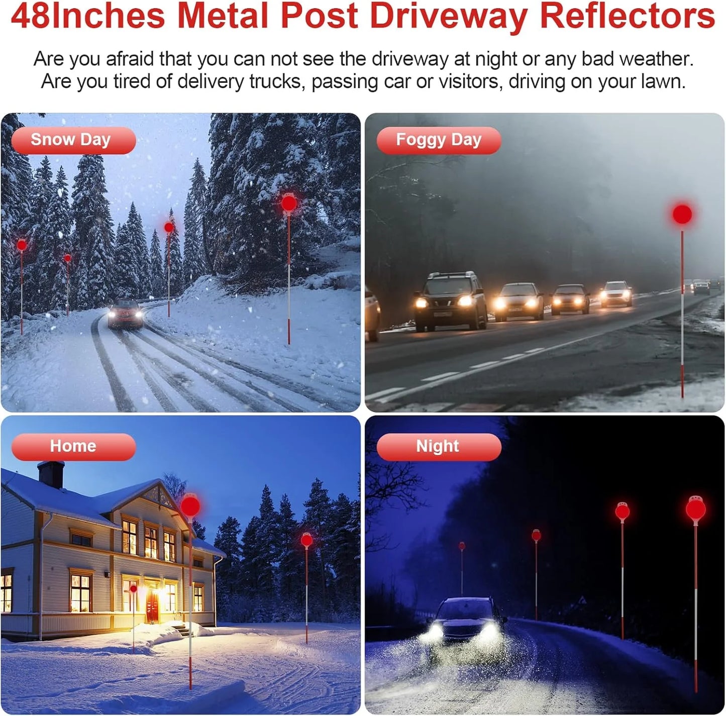 Metal Driveway Markers for Parking Lot Yard Mailbox Driveway, 48 Inches Double Sided Reflectors,4Pcs