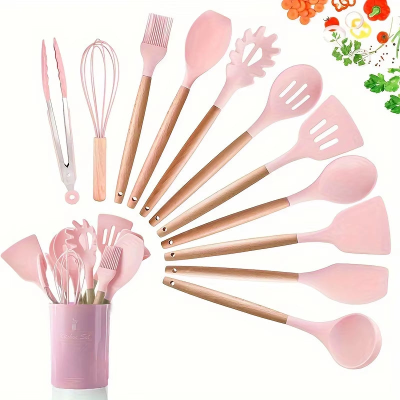 Professional Kitchen Silicone Utensil Set - 12 Piece Collection with Wooden Tools and Spatulas