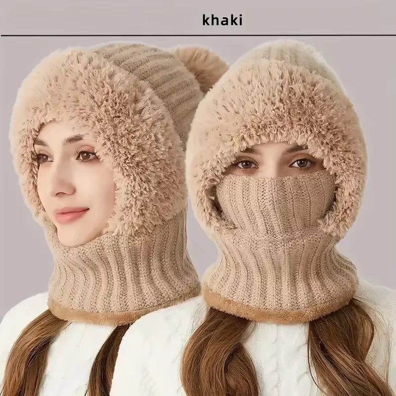 Balaclava Hat Ear Protection Fluffy Hat Mask Neck Integrated Warmth Cover Hat Lady Hooded Cap Women Winter Velvet Knitted
