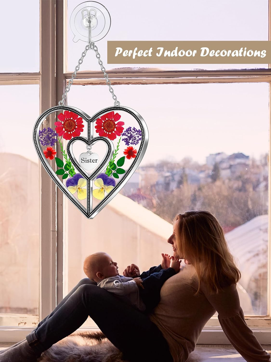 Heart Suncatcher Sister Stained Glass Panels Hangings for Windows Sun Catchers with Pressed Real Flower Heart in Glass Birthday Gifts for Women Mothers Day Home Garden Christmas Ornament