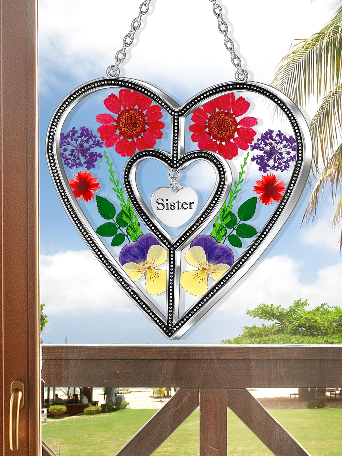 Heart Suncatcher Sister Stained Glass Panels Hangings for Windows Sun Catchers with Pressed Real Flower Heart in Glass Birthday Gifts for Women Mothers Day Home Garden Christmas Ornament