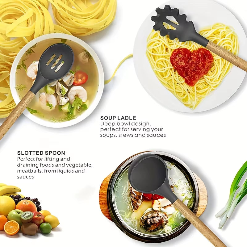 Professional Kitchen Silicone Utensil Set - 12 Piece Collection with Wooden Tools and Spatulas