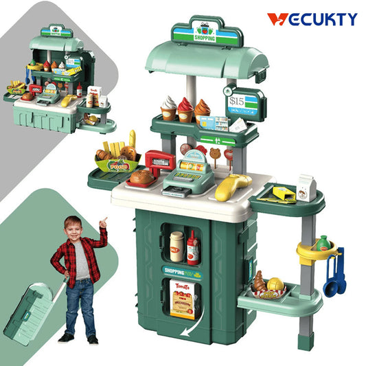 Play Supermarket Set for Kids, Kids Supermarket Set with Realistic Lights and Sounds, Simulation of Spray, 38Pcs Toy Kitchen Set for Toddlers Girls Boys Gift