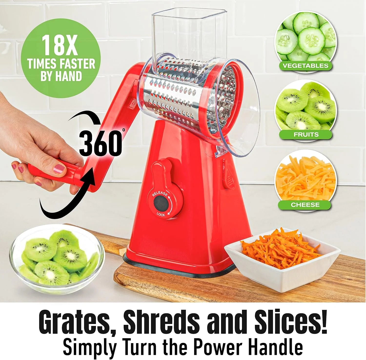 Rotary Cheese Grater Hand Crank, Stainless Steel Rotary Graters for Kitchen with 3 Blades, Vegetable Slicer, Cheese Grater with Suction Cup Base, Dishwasher Safe
