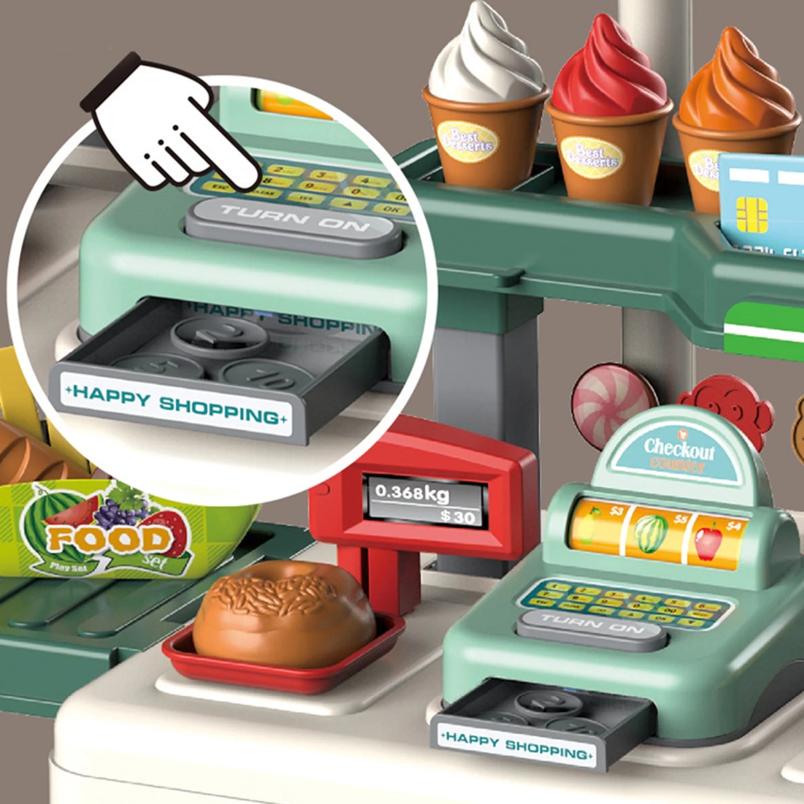 Play Supermarket Set for Kids, Kids Supermarket Set with Realistic Lights and Sounds, Simulation of Spray, 38Pcs Toy Kitchen Set for Toddlers Girls Boys Gift