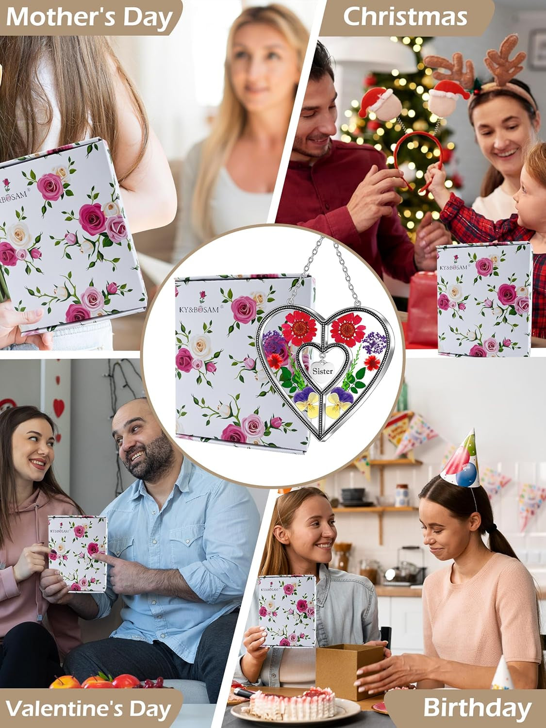 Heart Suncatcher Sister Stained Glass Panels Hangings for Windows Sun Catchers with Pressed Real Flower Heart in Glass Birthday Gifts for Women Mothers Day Home Garden Christmas Ornament