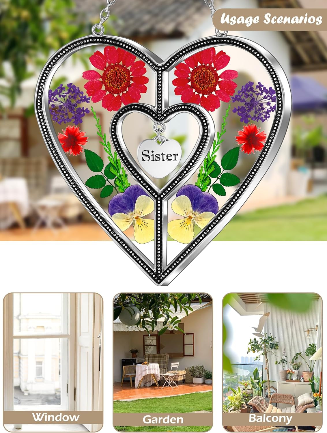 Heart Suncatcher Sister Stained Glass Panels Hangings for Windows Sun Catchers with Pressed Real Flower Heart in Glass Birthday Gifts for Women Mothers Day Home Garden Christmas Ornament