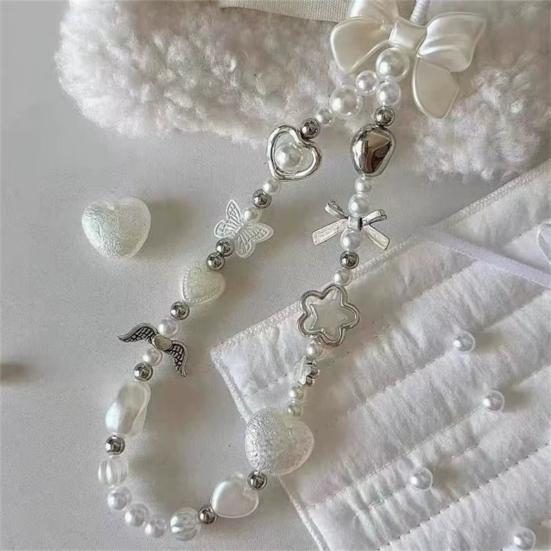 Beaded Phone Chain Charm Lanyard for Iphone Samsung, Cute Baroque White Bow, Flower Charm, Universal Accessories Jewelry Pendant