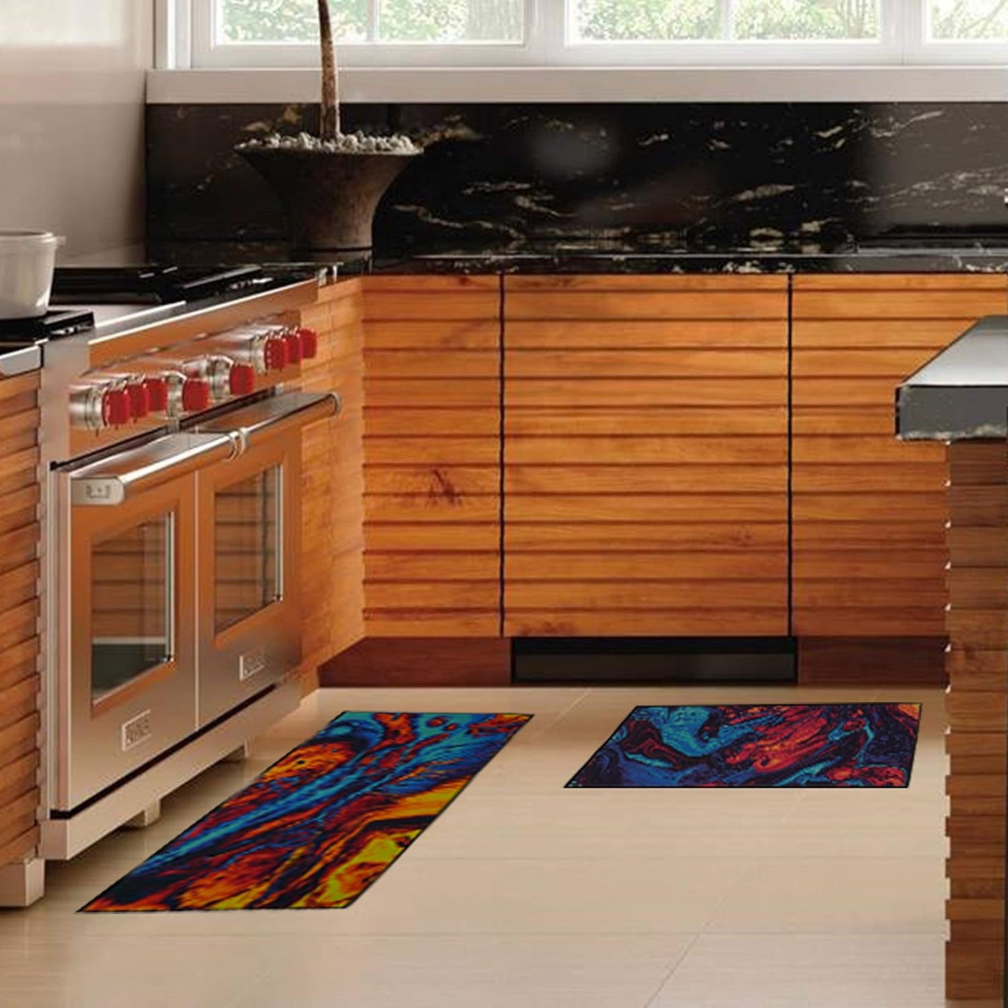 Artistic and Colorful Kitchen Rugs for Floor Non Slip Kitchen Rugs and Mats Kitchen Mat Set Farmhouse Kitchen - Lava Flow2 Art- 2 Pieces - 30"X17" + 47”X17