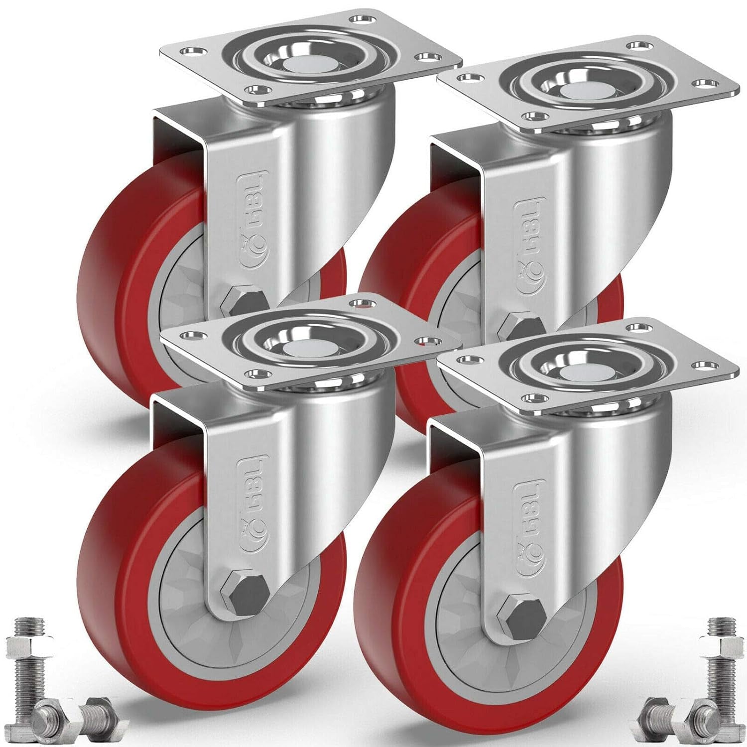 4" Heavy Duty Caster Wheels without Brakes + Screws - up to 1320Lbs - Set of 4 No Floor Marks Silent Castor for Furniture - Rubbered Trolley or Pallet Swivel Wheels - Silver Casters