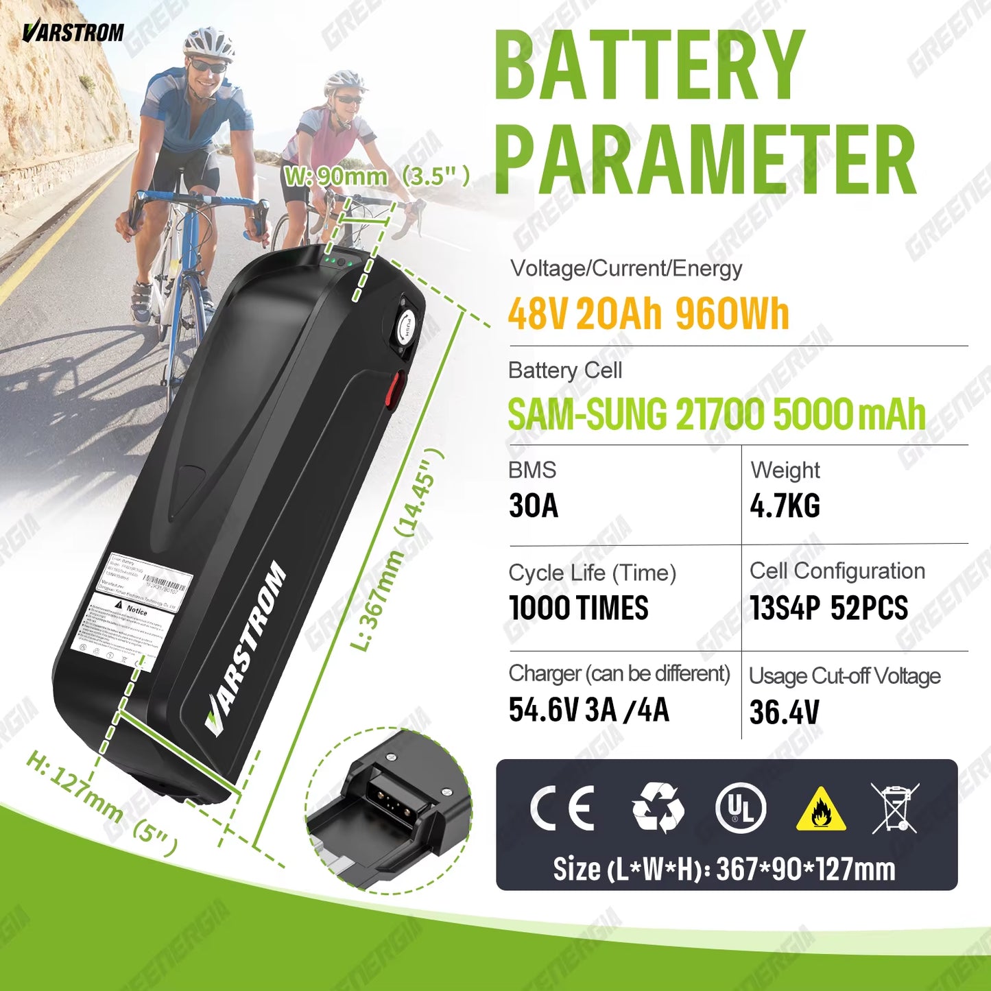 Ebike Battery 36V 48V 52V Hailong 30A BMS Electric Bicycle Downtube Lithium Battery Pack for 1500W 1000W 750W 500W 250W Motor