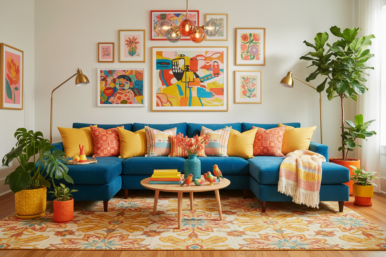 “cozy living room with bright colors
