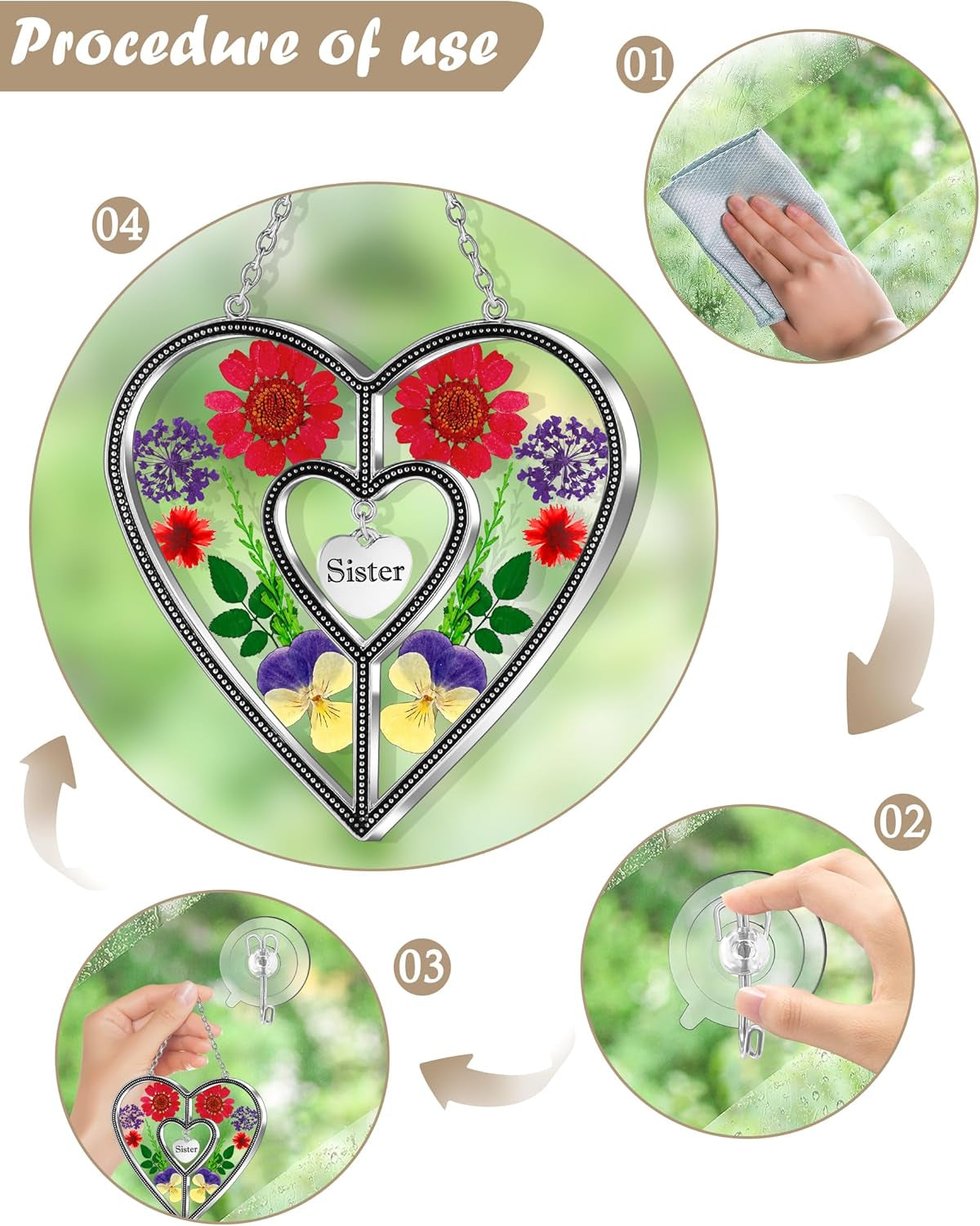 Heart Suncatcher Sister Stained Glass Panels Hangings for Windows Sun Catchers with Pressed Real Flower Heart in Glass Birthday Gifts for Women Mothers Day Home Garden Christmas Ornament