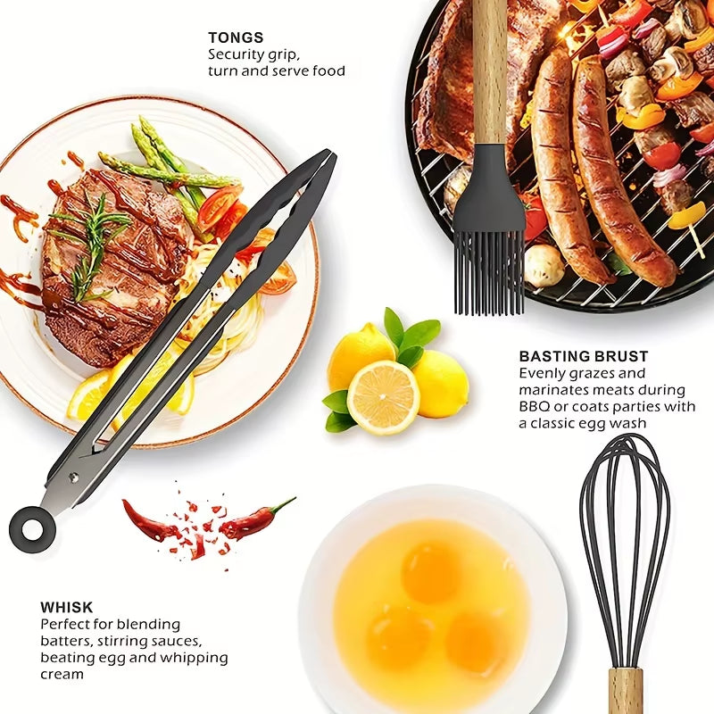 Professional Kitchen Silicone Utensil Set - 12 Piece Collection with Wooden Tools and Spatulas