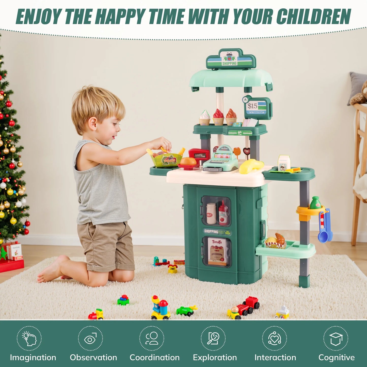 Play Supermarket Set for Kids, Kids Supermarket Set with Realistic Lights and Sounds, Simulation of Spray, 38Pcs Toy Kitchen Set for Toddlers Girls Boys Gift