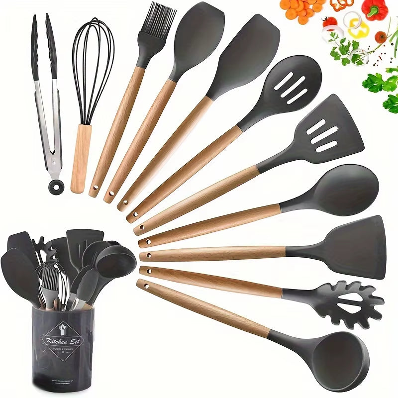 Professional Kitchen Silicone Utensil Set - 12 Piece Collection with Wooden Tools and Spatulas