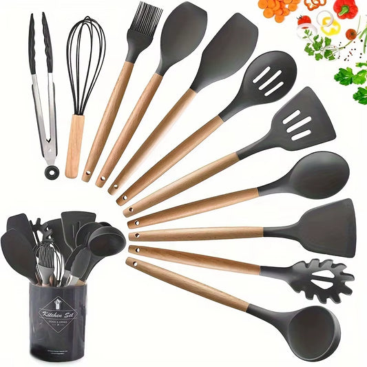 Professional Kitchen Silicone Utensil Set - 12 Piece Collection with Wooden Tools and Spatulas