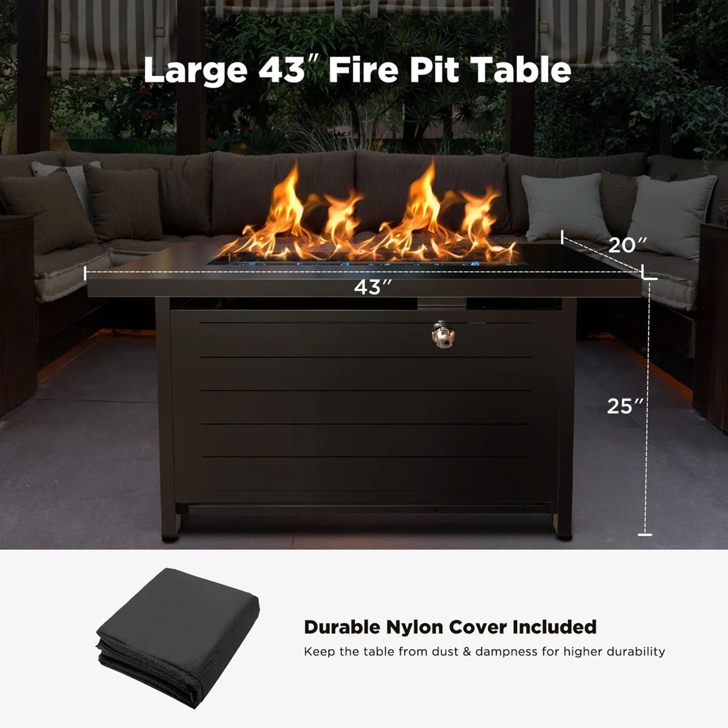 43" Propane Fire Pits for outside 60,000 BTU Gas Fire Pit Table for outside with Lid , Glass Beads, Cup Holders, Hanging Shelf & Nylon Cover, Rectangle